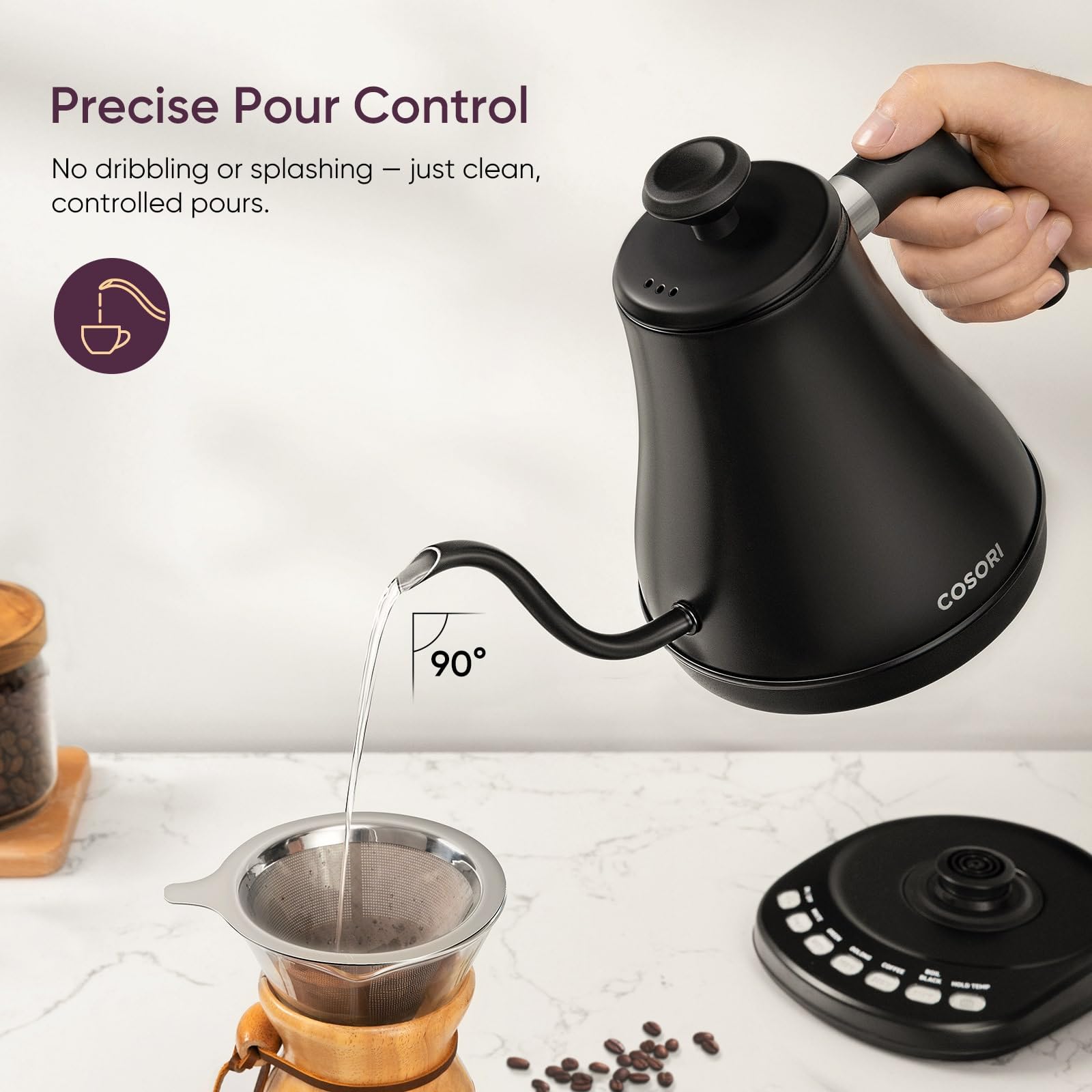 COSORI Electric Gooseneck Kettle 5 Temp Control Pour Over Coffee Tea 0.8L 1200W Stainless Steel