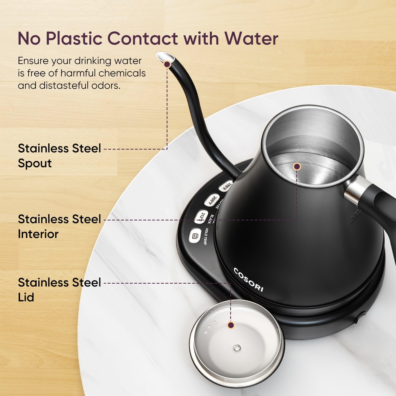 COSORI Electric Gooseneck Kettle 5 Temp Control Pour Over Coffee Tea 0.8L 1200W Stainless Steel