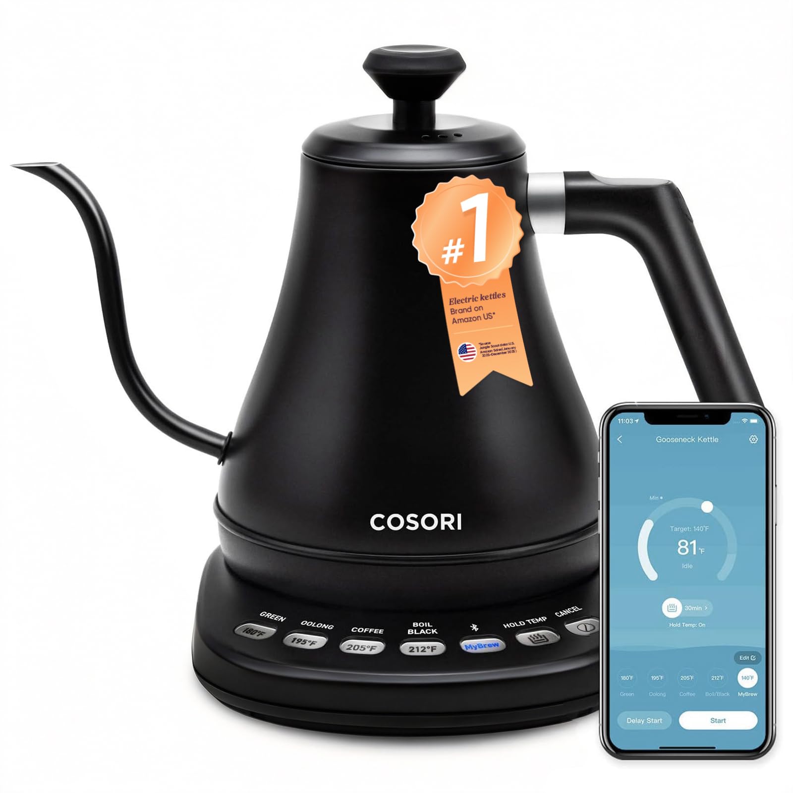 COSORI Electric Gooseneck Kettle 5 Temp Control Pour Over Coffee Tea 0.8L 1200W Stainless Steel