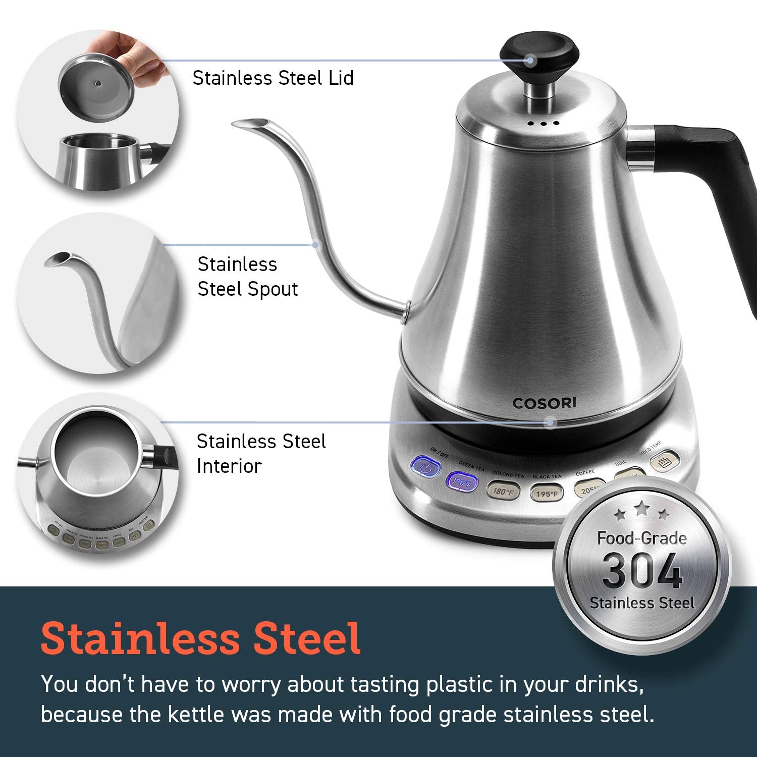 COSORI Electric Gooseneck Kettle 5 Temp Control Pour Over Coffee Tea 0.8L 1200W Stainless Steel