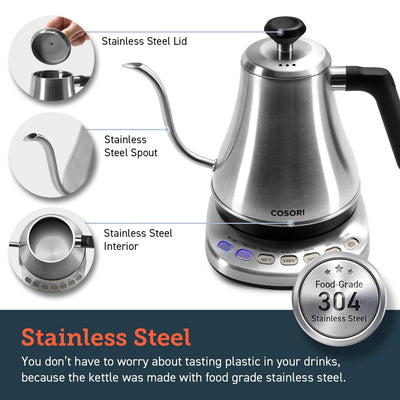 COSORI Electric Gooseneck Kettle 5 Temp Control Pour Over Coffee Tea 0.8L 1200W Stainless Steel