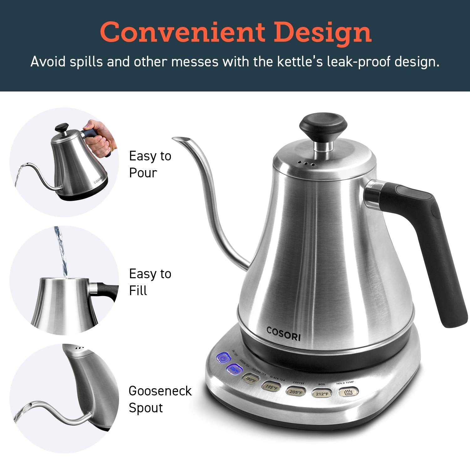 COSORI Electric Gooseneck Kettle 5 Temp Control Pour Over Coffee Tea 0.8L 1200W Stainless Steel