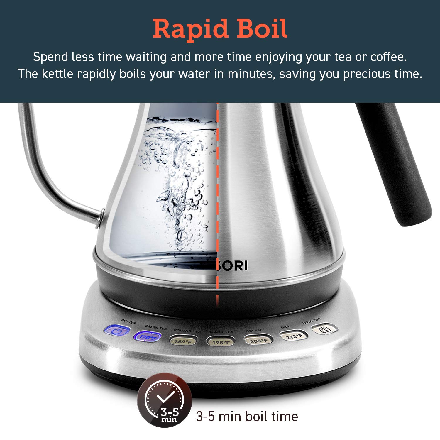 COSORI Electric Gooseneck Kettle 5 Temp Control Pour Over Coffee Tea 0.8L 1200W Stainless Steel