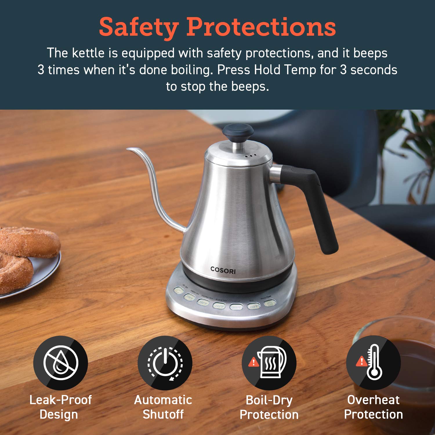 COSORI Electric Gooseneck Kettle 5 Temp Control Pour Over Coffee Tea 0.8L 1200W Stainless Steel