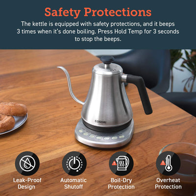 COSORI Electric Gooseneck Kettle 5 Temp Control Pour Over Coffee Tea 0.8L 1200W Stainless Steel