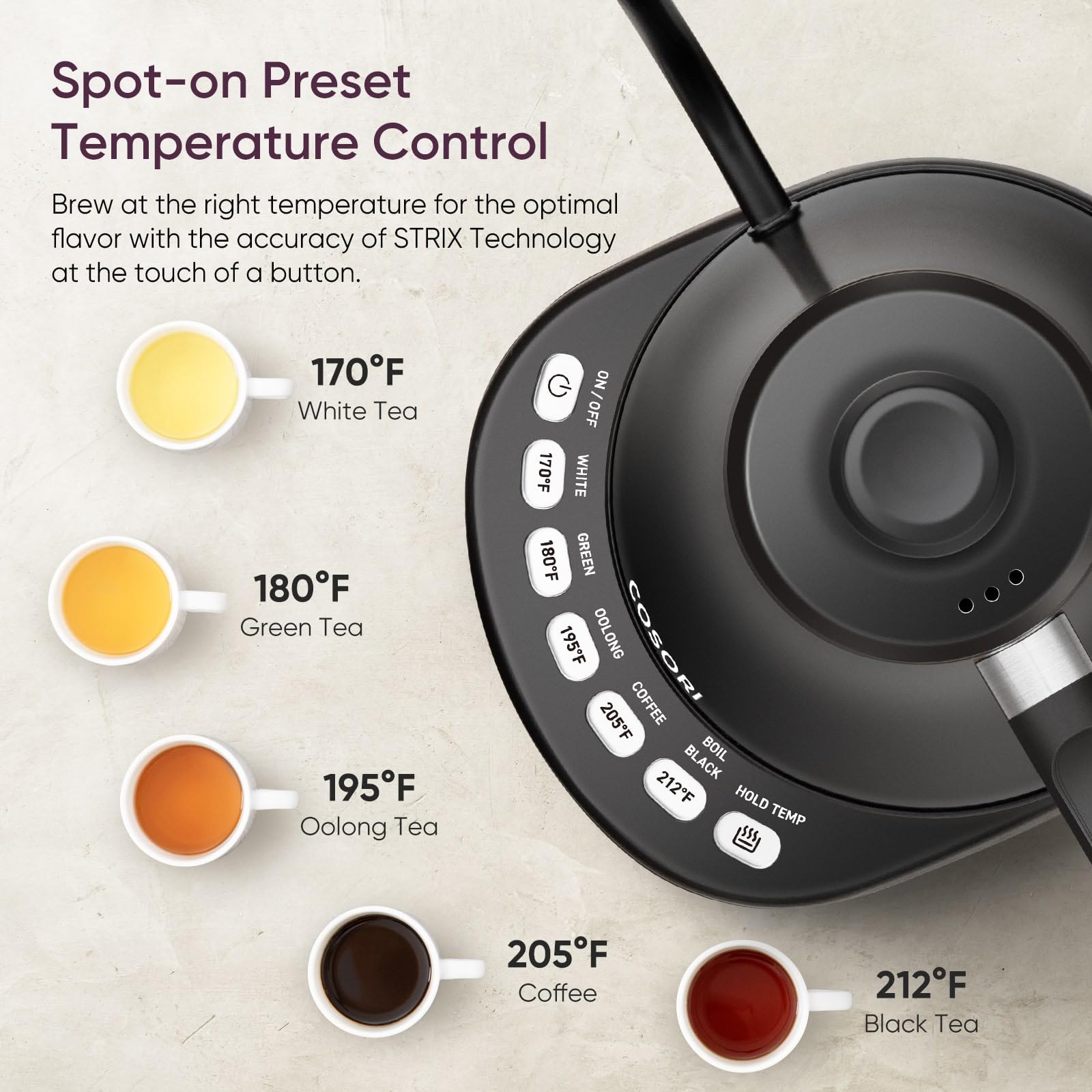 COSORI Electric Gooseneck Kettle 5 Temp Control Pour Over Coffee Tea 0.8L 1200W Stainless Steel